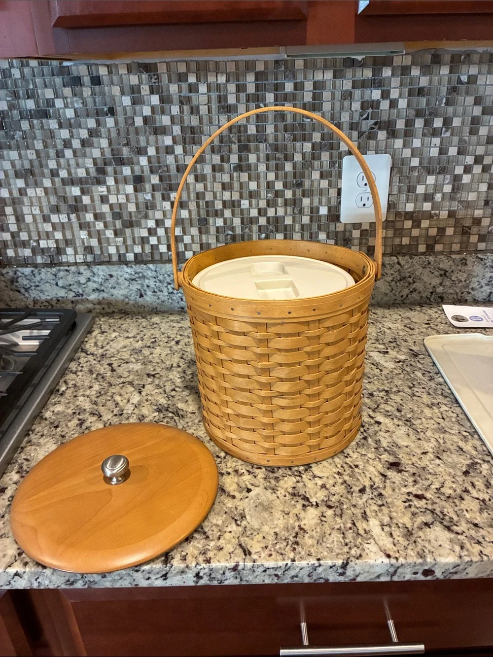 Longaberger Tan Woven Ice Bucket with Wooden Lid